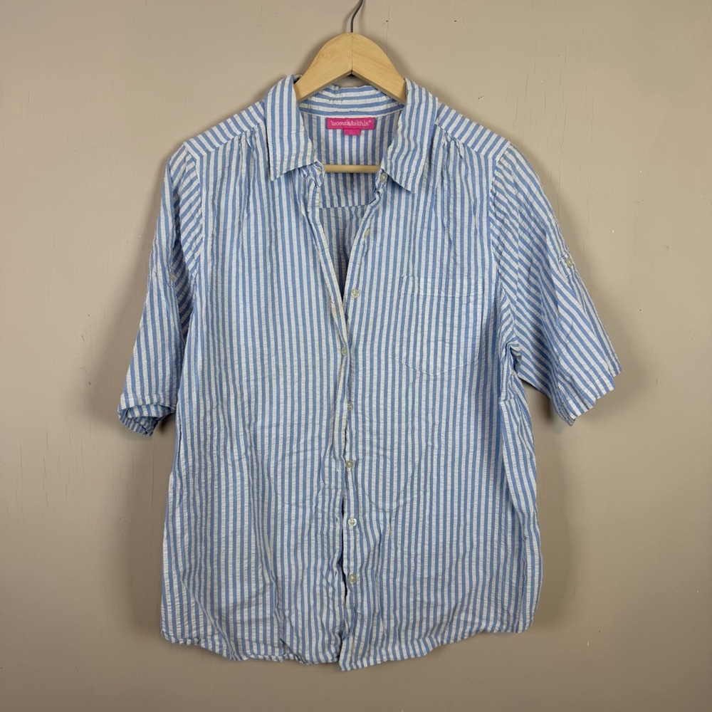 Woman Within Shirt 1X 18/20 L Blue Strip Button Down Short Sleeve Casual Cotton